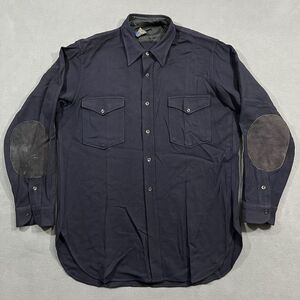 1950s Pendleton Trail Shirt Men 16.5 Navy Blue Virgin Wool Elbow Patches Pockets